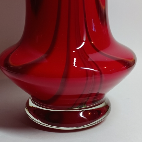 Red White Cased Glass Vase Art Green Orange Ribbon Lines, approx. 12" Tall - Picture 5 of 7